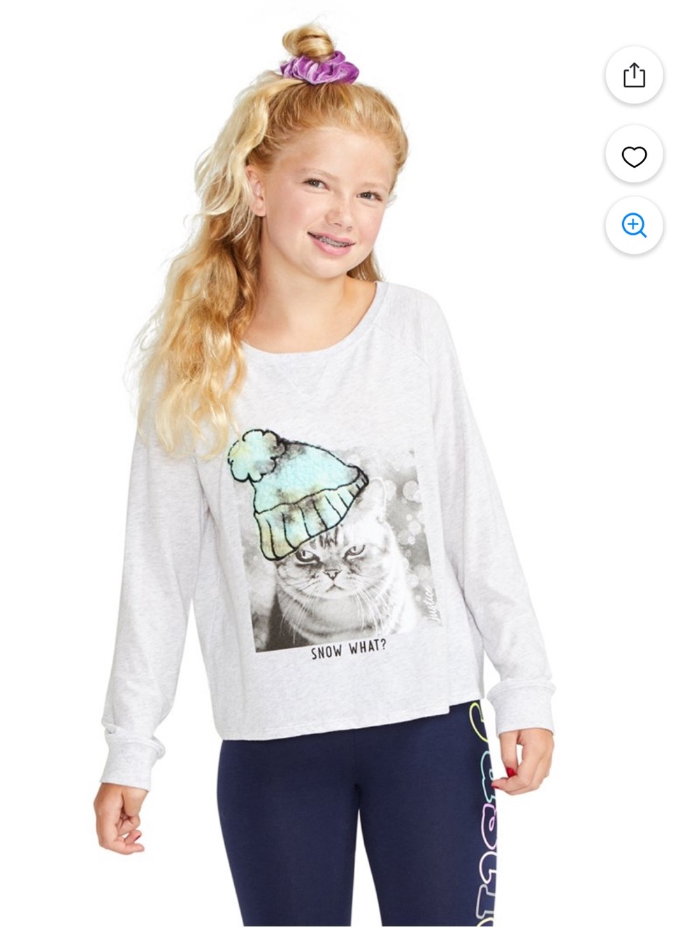 Girls' White Cat Graphic Long-Sleeve Top - Snow What?( size: m) nwt